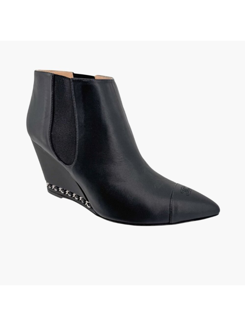 Chanel CC Black Leather Pointed Chain Wedge Ankle Boot Bootie Size 39.5 US 8.5-9 - Picture 9 of 16